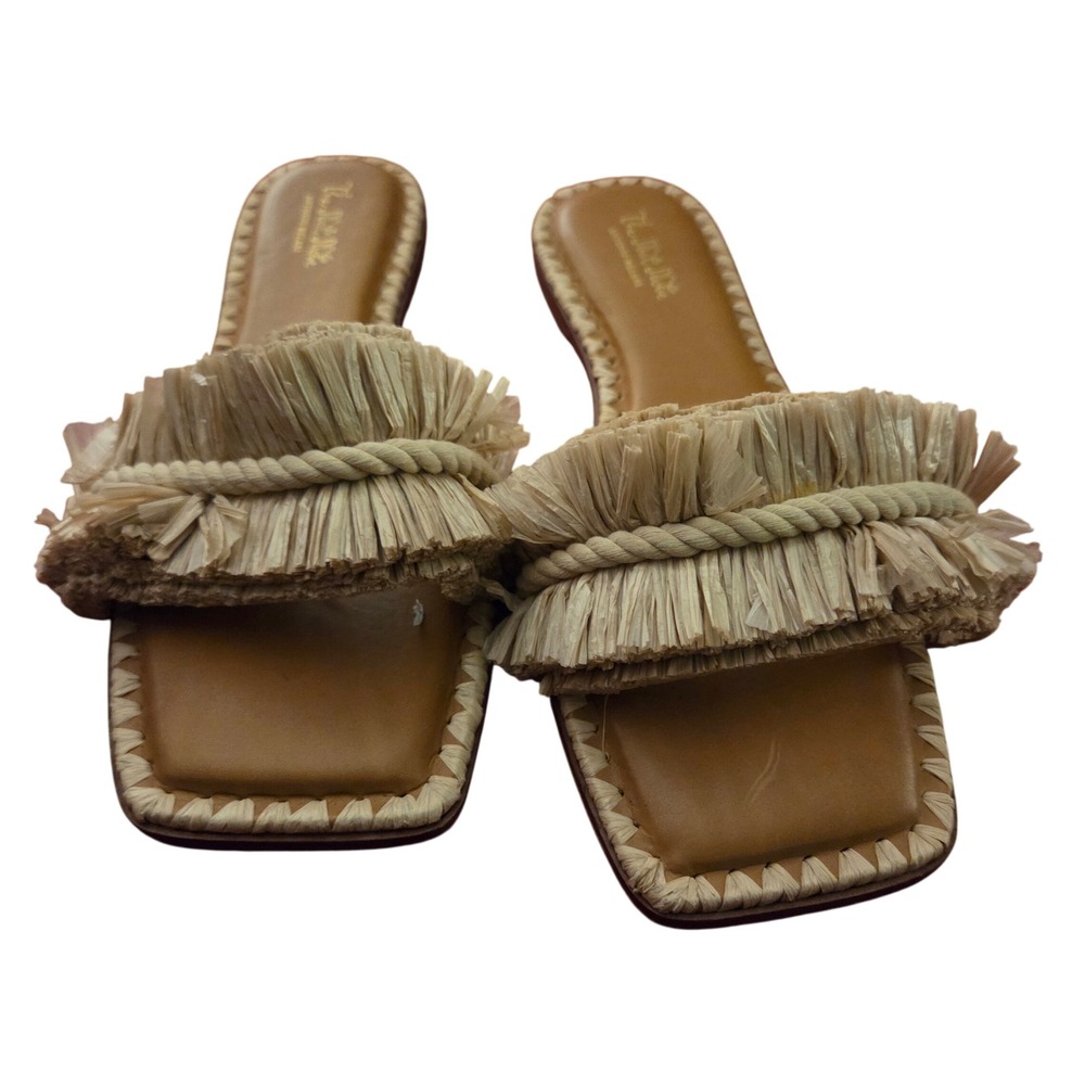 Antonio Melani x The Nat Note Raffia Fringe Tan Leather Slide Sandals 9.5M